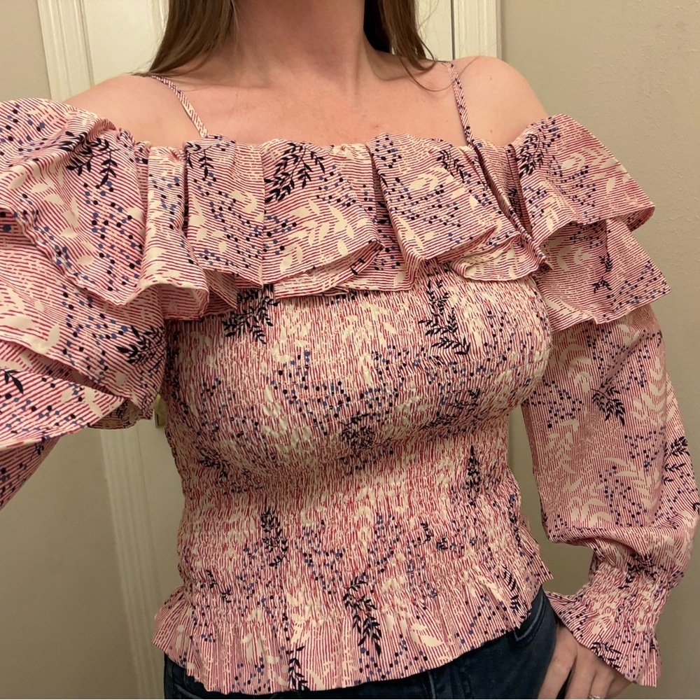 Gracia Red Stripe Floral Ruffle Blouse